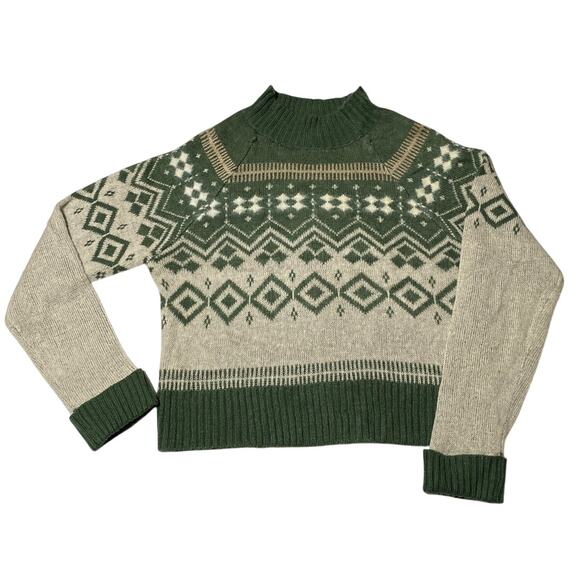 Women's Crop Sweater Fair Isle Nordic Mock Neck Sz Large Green Holiday Cabin Ski - Picture 10 of 10